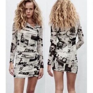 Zara | Black & White Mesh Newspaper Ruched Sides Bodycon Dress - Womens Size XXL